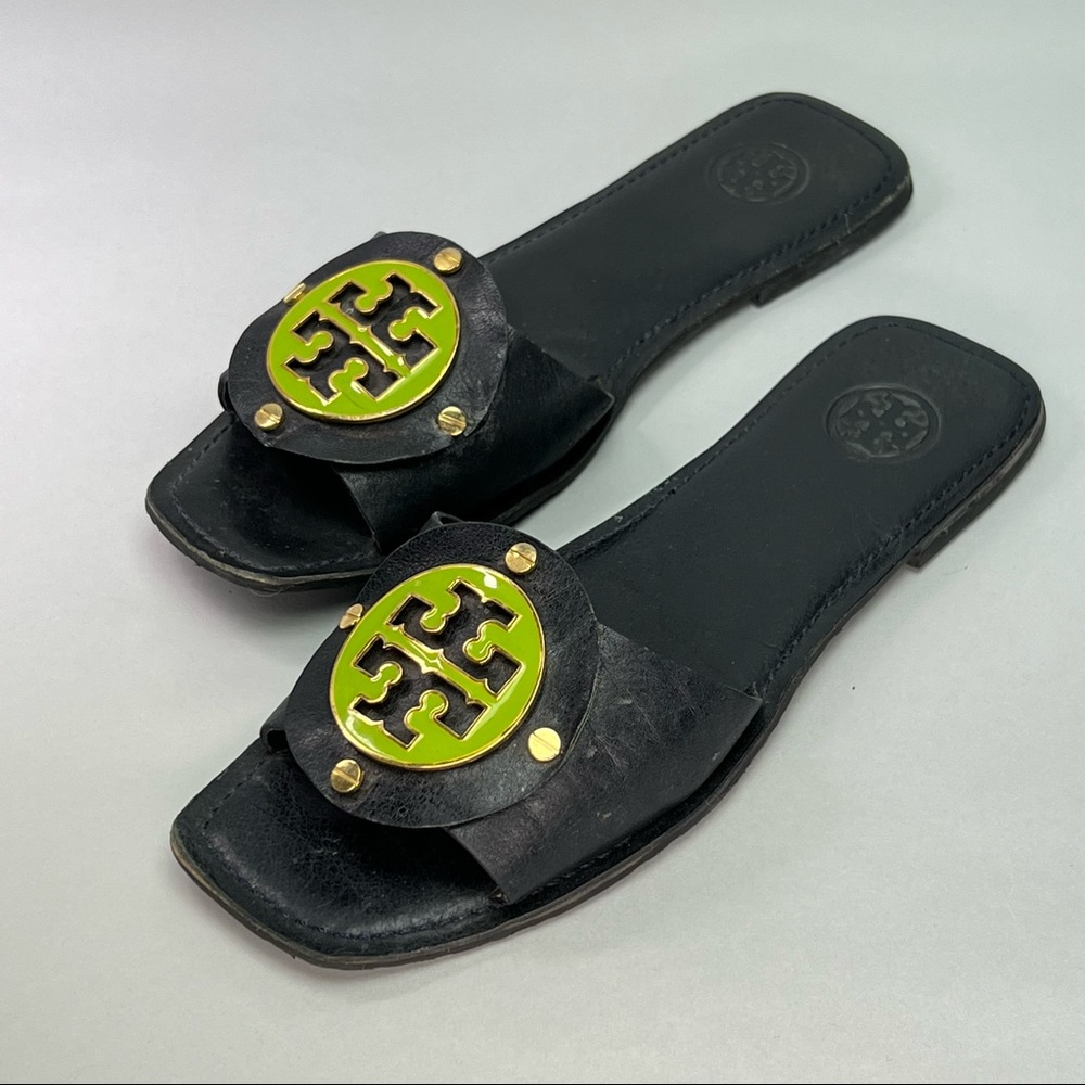 Tory Burch slides in navy with green and gold detail
